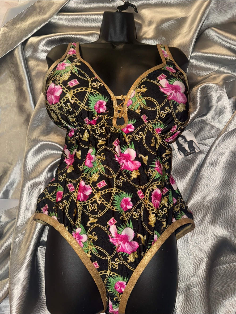 Baby Phat NWT Black Floral One-Piece Swimsuit with Gold Trim